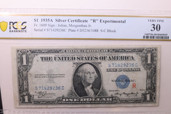 1935-A $1 Silver Certificate. PCGS VF-30. "R" Experimental Note, STORE Store #035096
