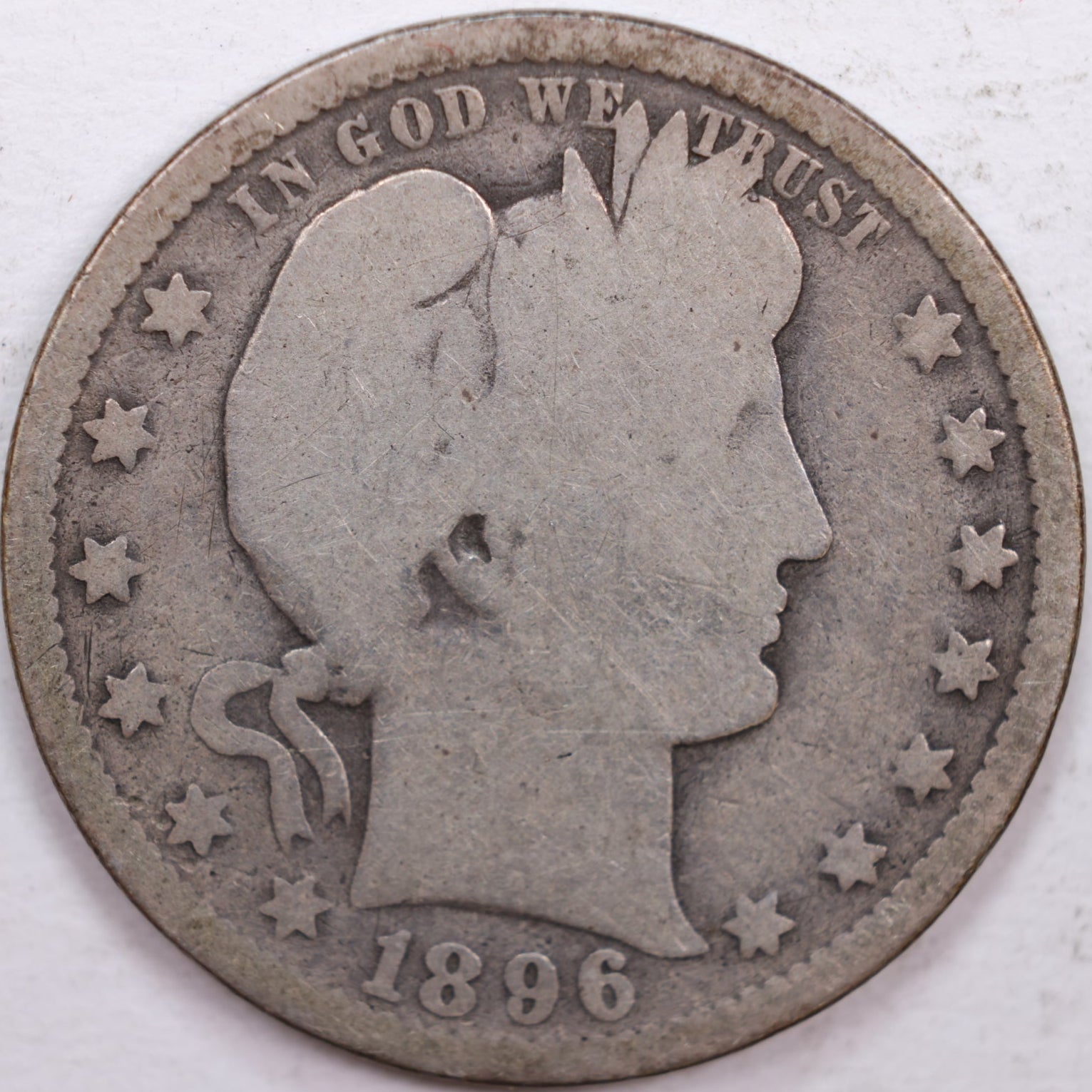 1896-O Barber Silver Quarter, Very Good Circulated Coin, Store #QR0350