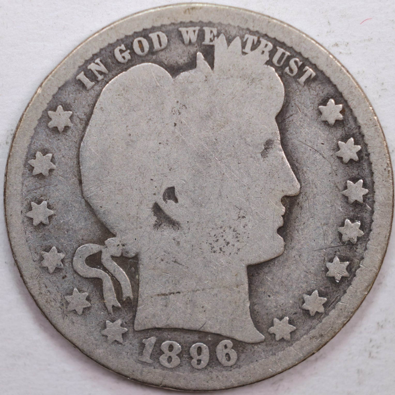1896-O Barber Silver Quarter, About Good Circulated Coin, Store #QR0351