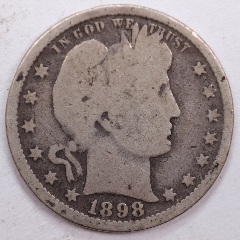 1898 Barber Silver Quarter, Very Good Circulated Coin, Store