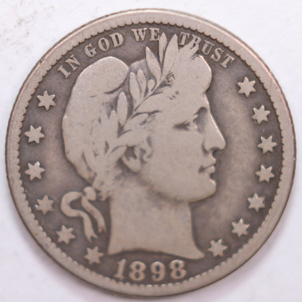 1898-O Barber Silver Quarter, Very Good+ Circulated Coin, Store #QR0364