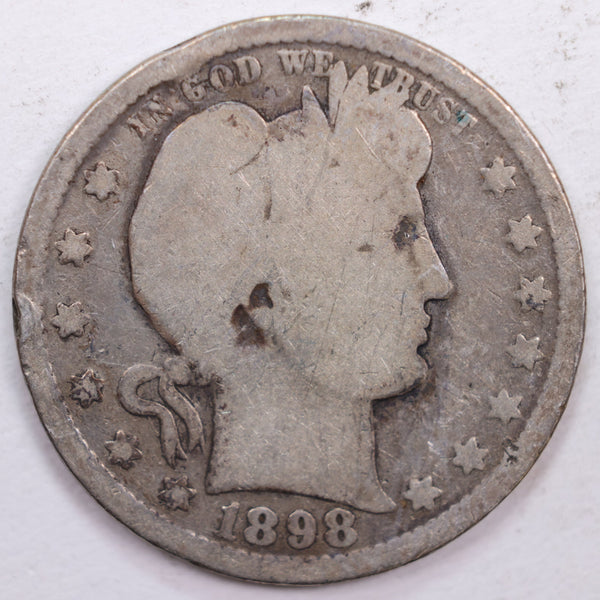 1898-O Barber Silver Quarter, Very Good Circulated Coin, Store #QR0366