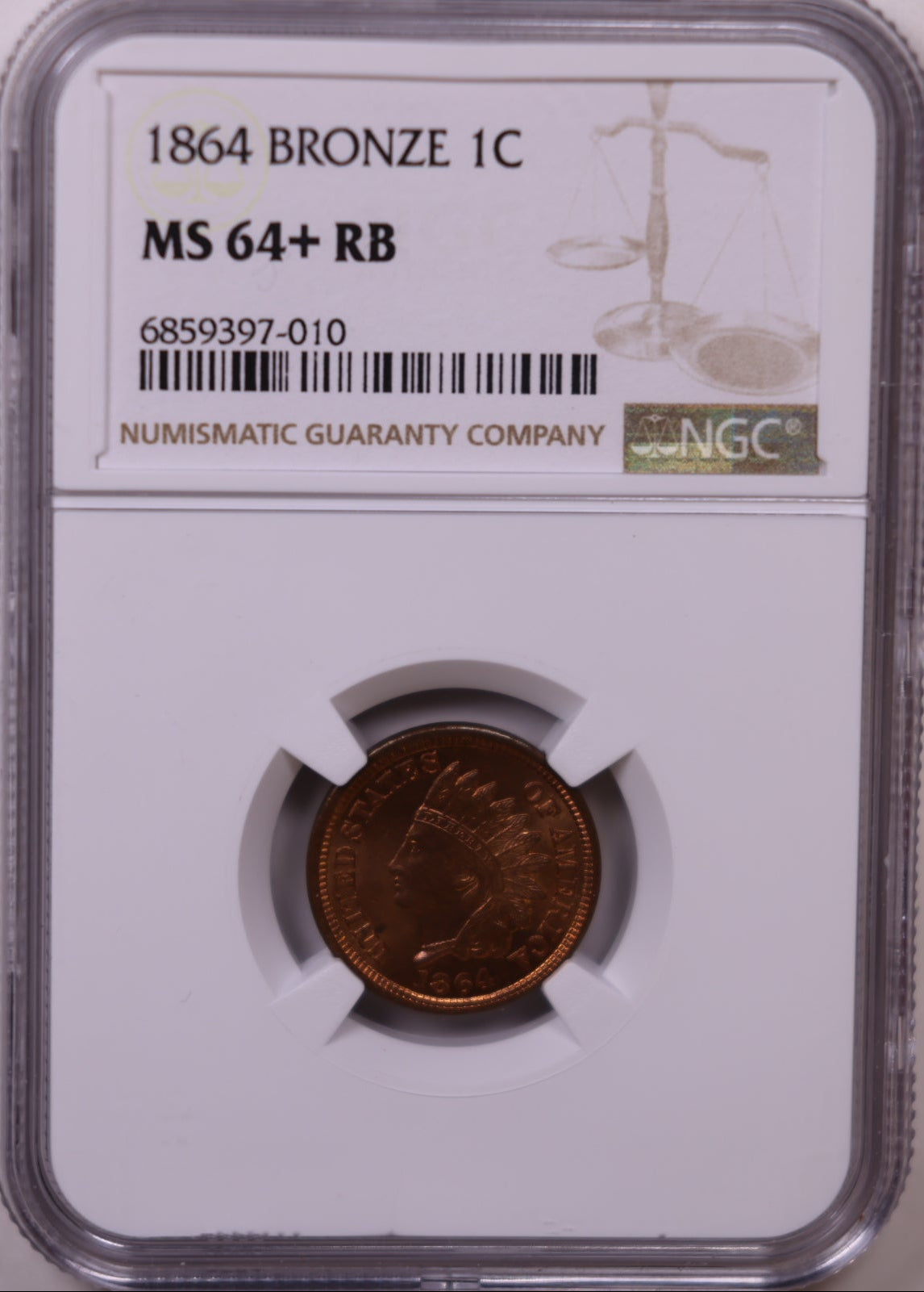 1864 Bronze Indian Head Cent, NGC MS64+ RB, Mint State Uncirculated Coin, Store #CT1194