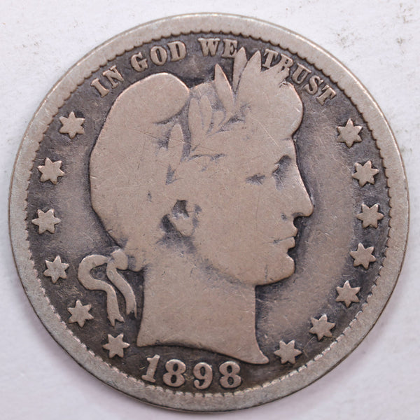 1898-O Barber Silver Quarter, Very Good Circulated Coin, Store #QR0367