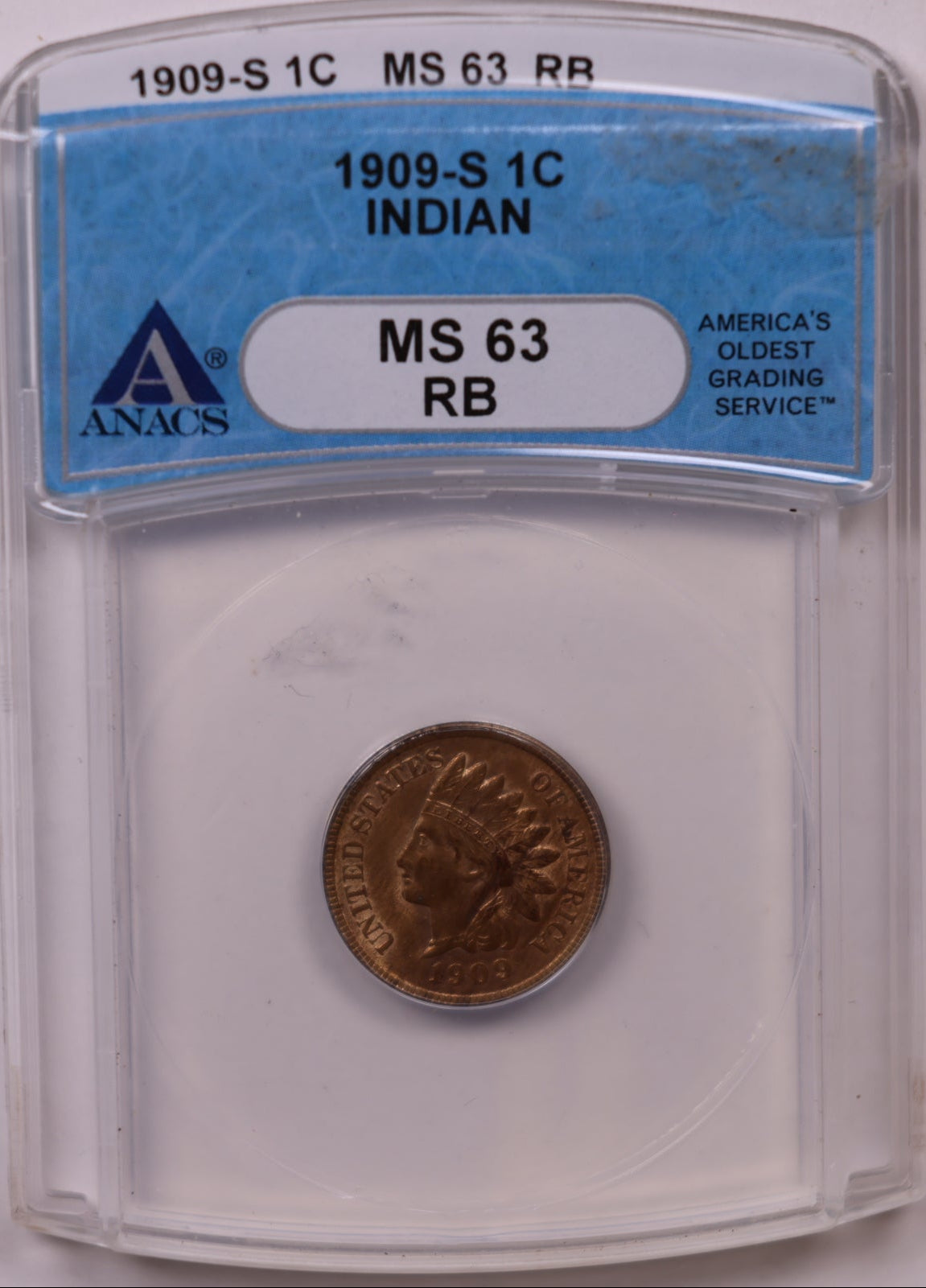 1909-S Indian Head Cent, ANACS MS-63 RB, Mint State Uncirculated Coin, Store #CT1196
