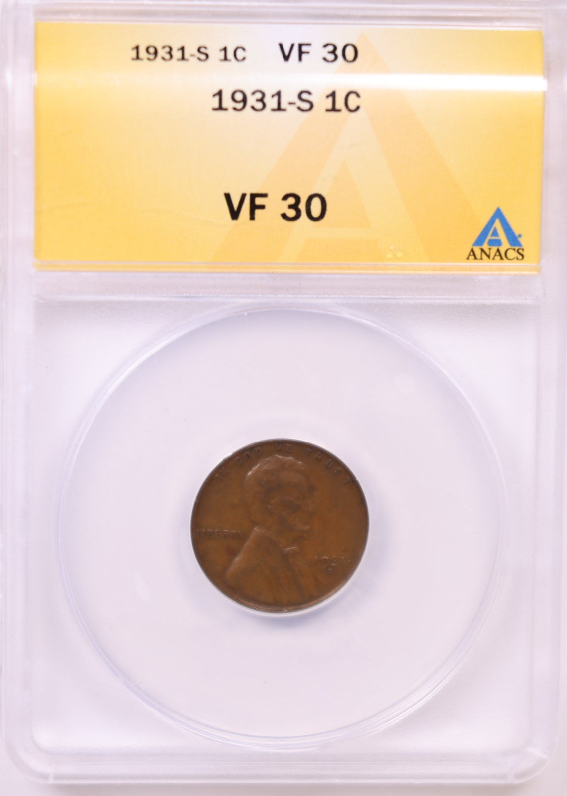 1931-S Lincoln Wheat Cent, ANACS VF-30, Circulated Affordable Coin, Store #CT1197