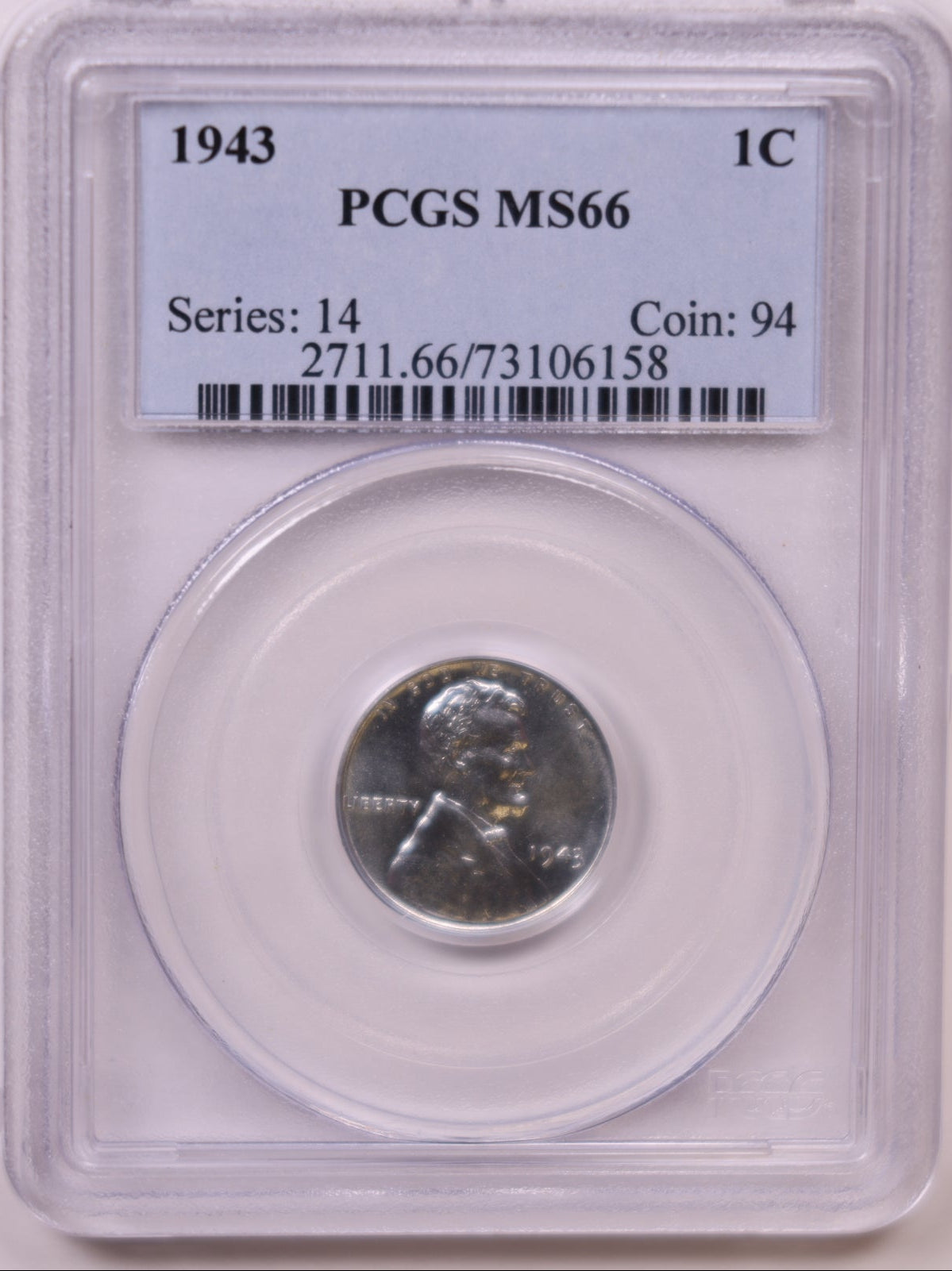 1943 Lincoln Wheat Cent, PCGS MS-66, Mint State Uncirculated Coin, Store #CT1198