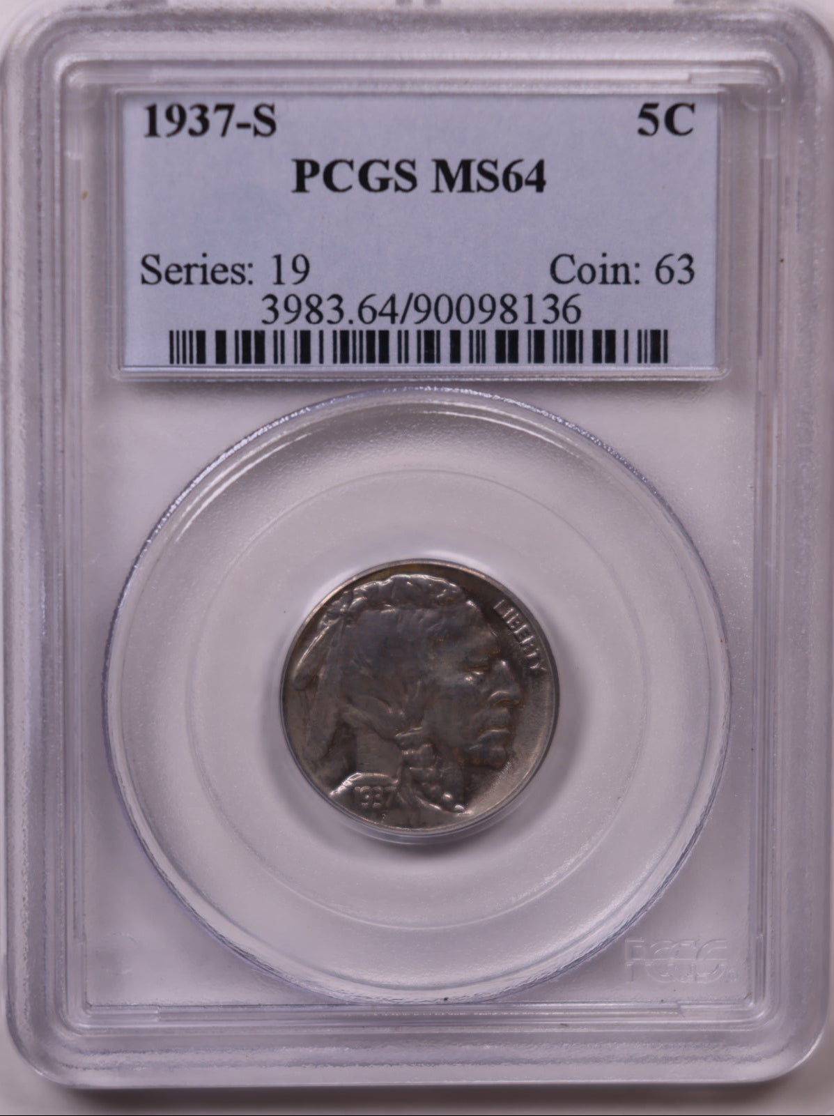 1937-S Buffalo Nickel, PCGS MS-64, Mint State Uncirculated Coin, Store #NL666