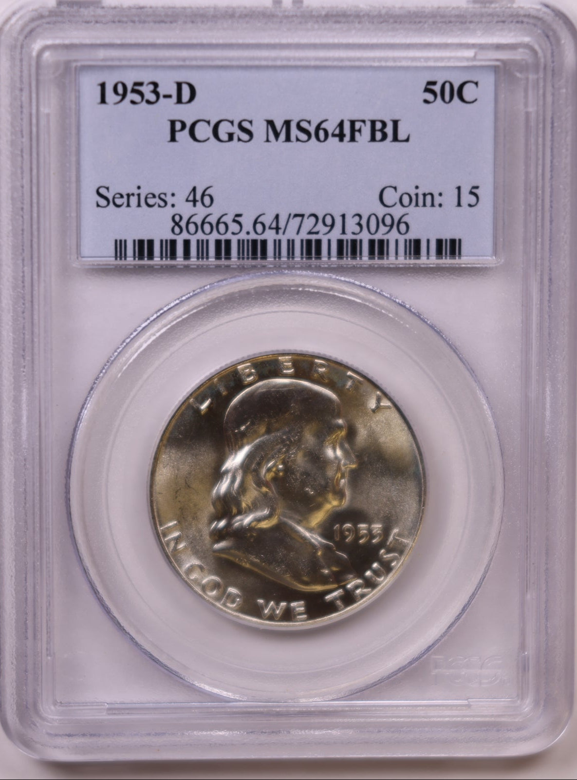 1953-D Franklin Half Dollar, PCGS MS-64 FBL, Mint Uncirculated Coin, Store #HR1816