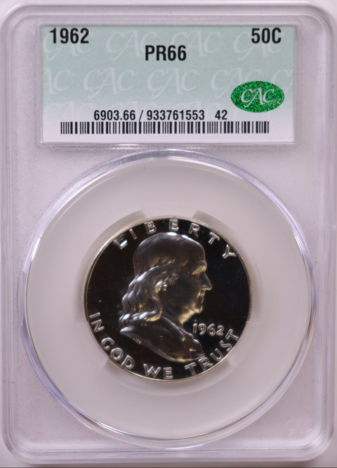 1962 Ben Franklin Half Dollar, CAC PR-66, Proof Uncirculated Coin, Store #HR1818