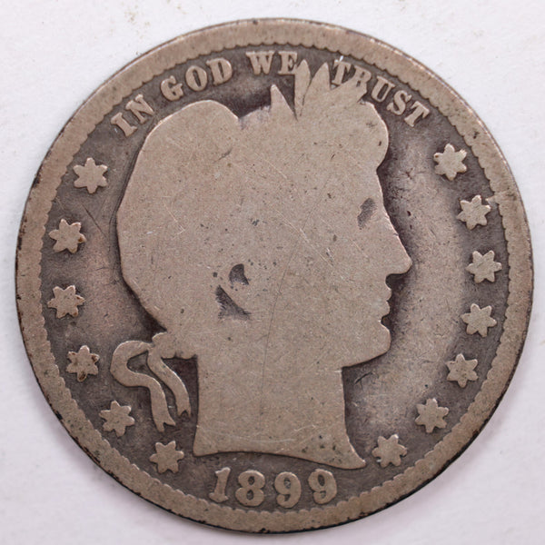 1899-O Barber Silver Quarter, Very Good Circulated Coin, Store #QR0398