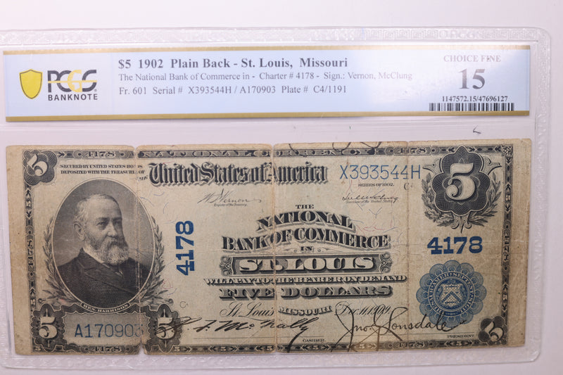 1902 $5 National Currency., PCGS F-15., Affordable Circulated Currency., STORE SALE