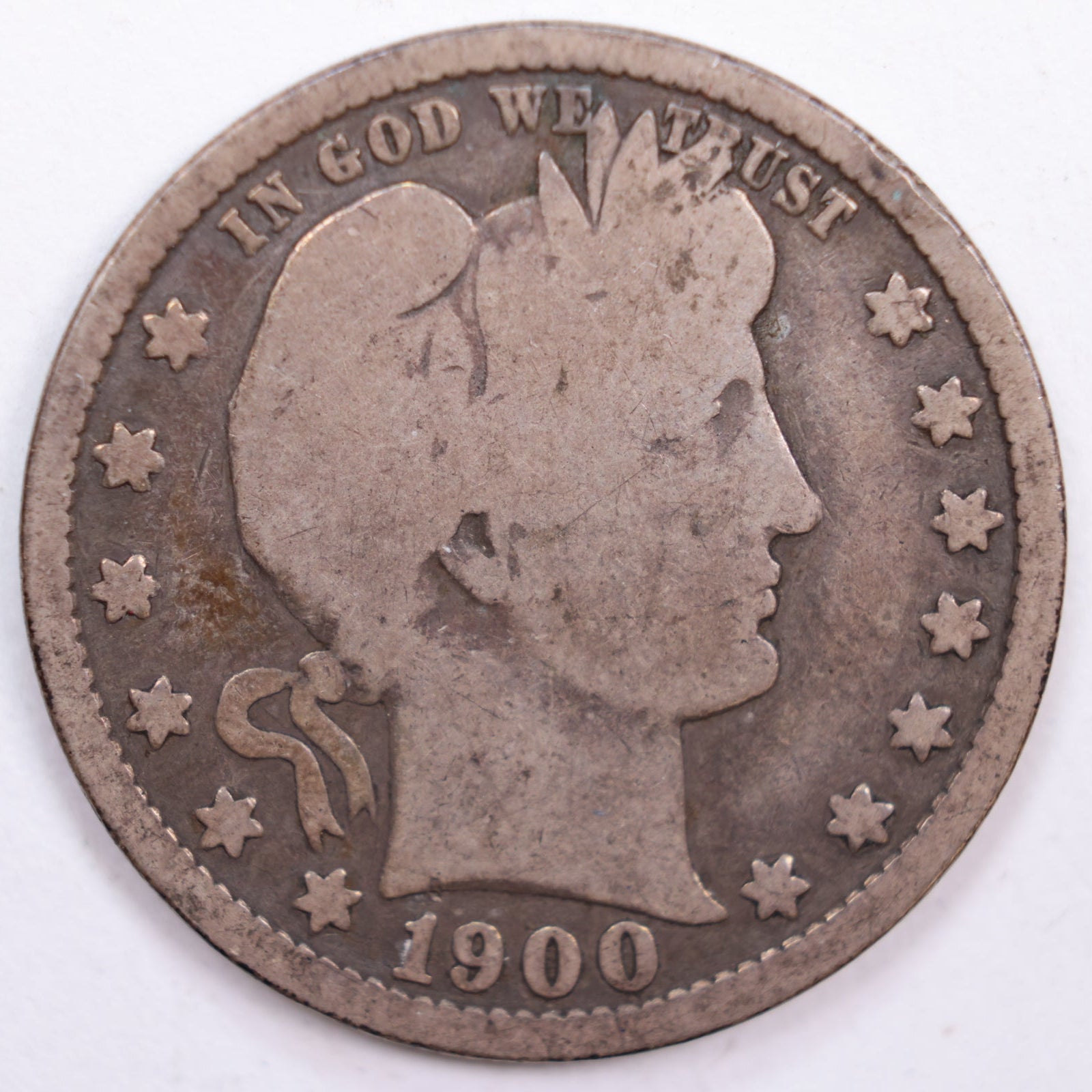 1900-S Barber Silver Quarter, Very Good Circulated Coin, Store #QR0419