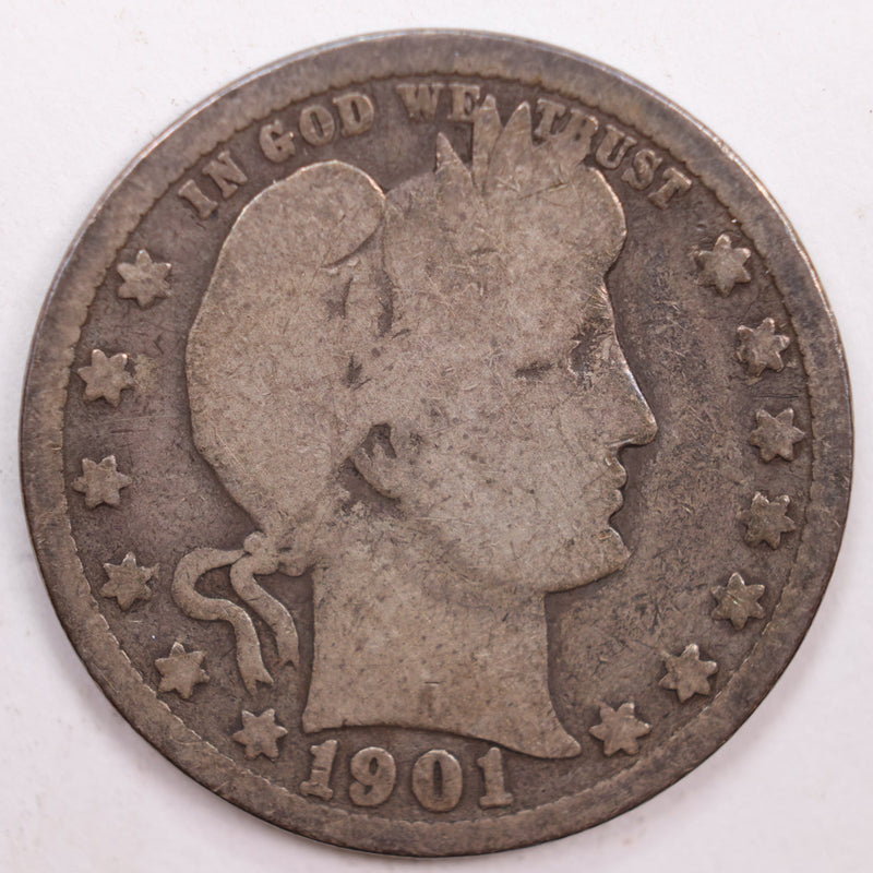 1901 Barber Silver Quarter, Very Good Circulated Coin, Store