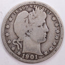 1901 Barber Silver Quarter, Very Good+ Circulated Coin, Store