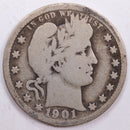 1901 Barber Silver Quarter, Very Good+ Circulated Coin, Store