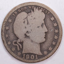 1901-O Barber Silver Quarter, Fair Circulated Coin, Store