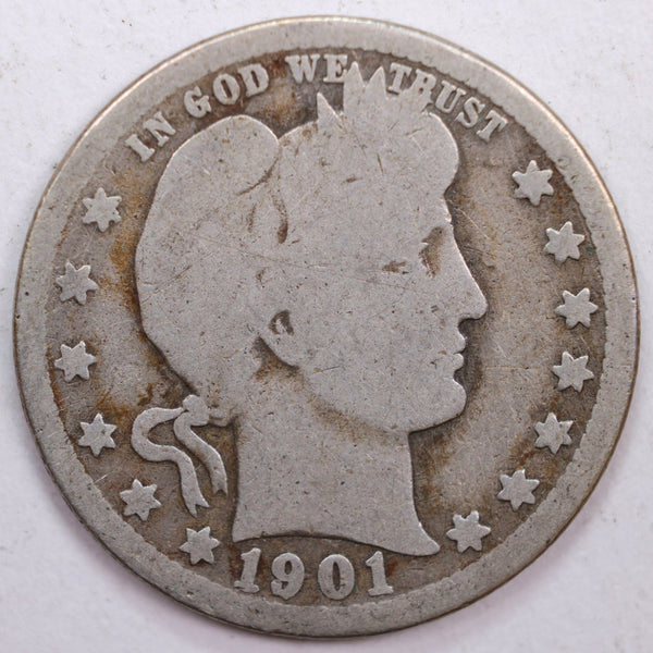 1901-O Barber Silver Quarter, Good Circulated Coin, Store #QR0427