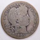 1901-O Barber Silver Quarter, Fair Circulated Coin, Store