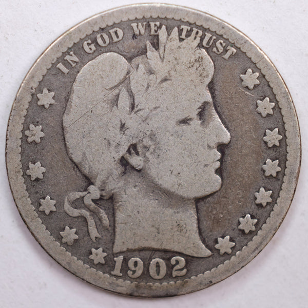 1902 Barber Silver Quarter, Very Good Circulated Coin, Store #QR0432