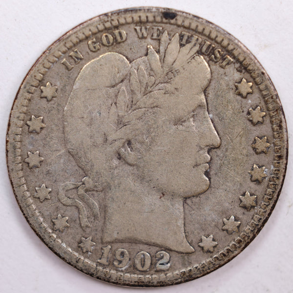 1902-O Barber Silver Quarter, Very Good Circulated Coin, Store #QR0435