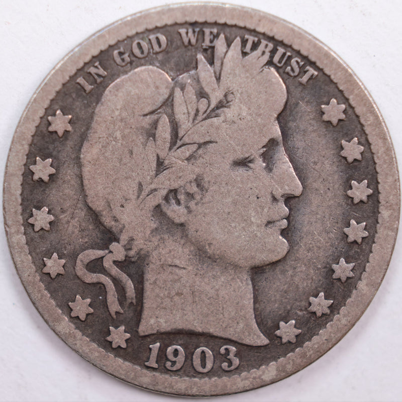 1903 Barber Silver Quarter, Very Good Circulated Coin, Store