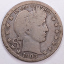 1903 Barber Silver Quarter, Very Good Circulated Coin, Store