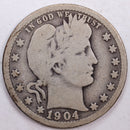 1904 Barber Silver Quarter, Very Good Circulated Coin, Store