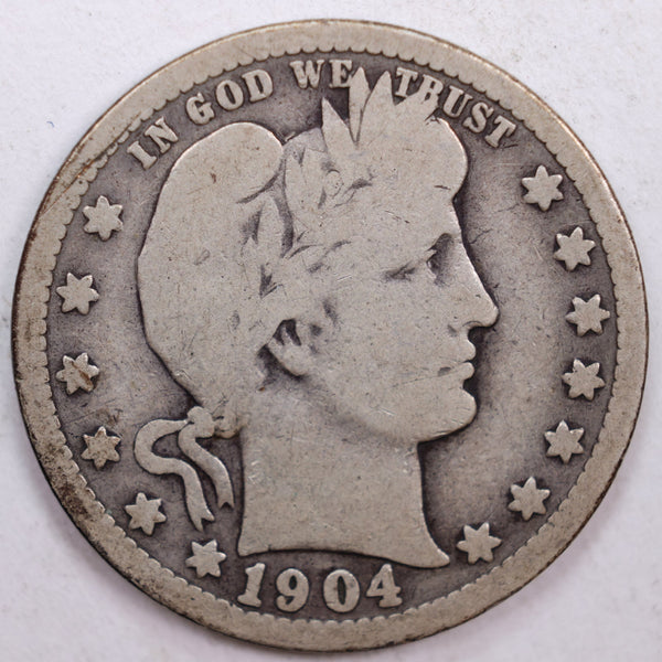1904 Barber Silver Quarter, Very Good Circulated Coin, Store #QR0443