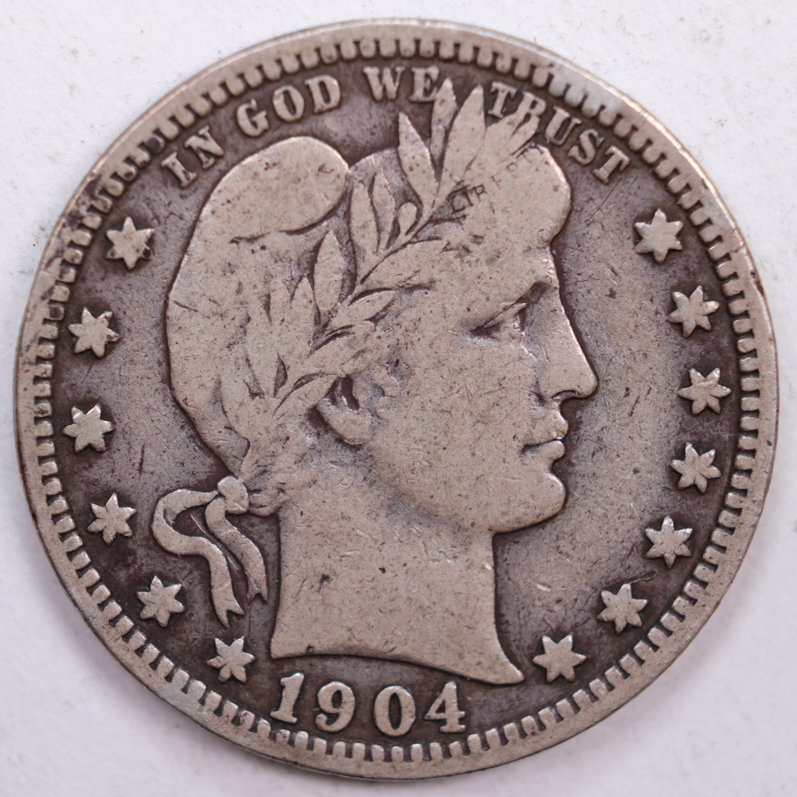 1904 Barber Silver Quarter, Fine Circulated Collectible Coin, Store #QR0444