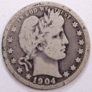 1904 Barber Silver Quarter, Very Good Circulated Coin, Store