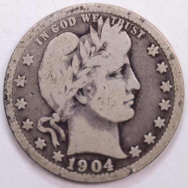 1904 Barber Silver Quarter, Very Good Circulated Coin, Store #QR0446