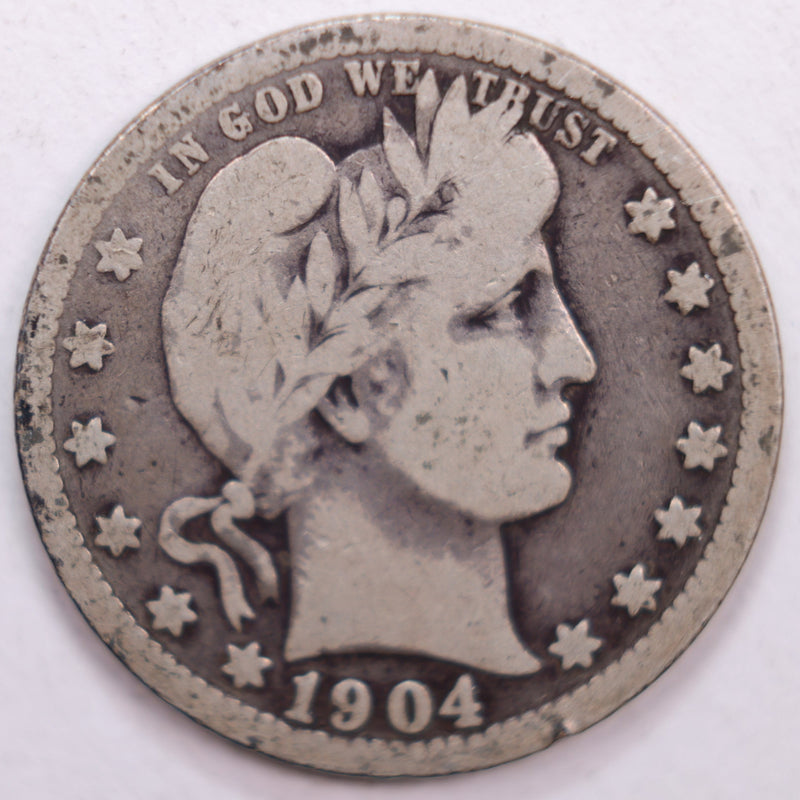 1904 Barber Silver Quarter, Very Good Circulated Coin, Store