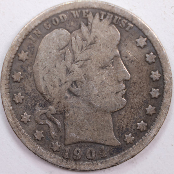 1904 Barber Silver Quarter, Very Good Circulated Coin, Store #QR0447