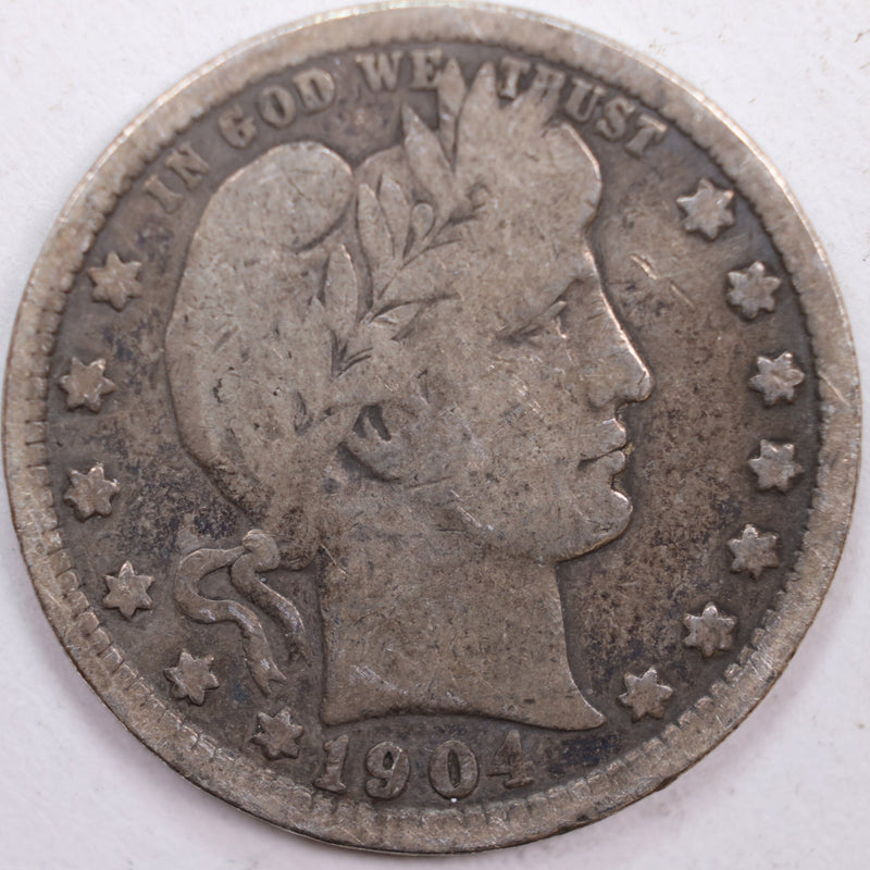 1904 Barber Silver Quarter, Very Good Circulated Coin, Store