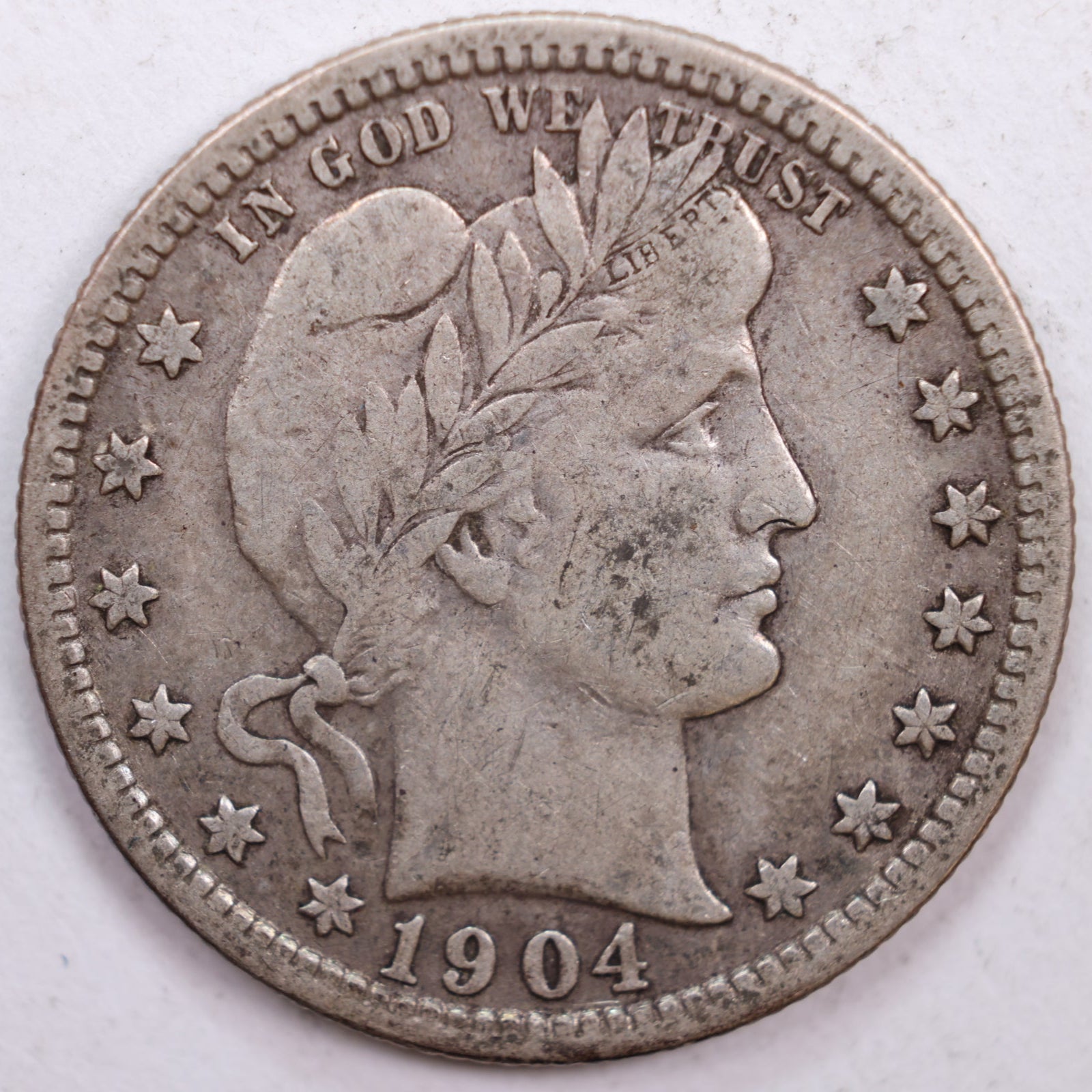 1904 Barber Silver Quarter, Fine Circulated Collectible Coin, Store #QR0448