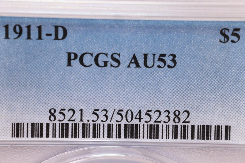 1911-D $5 Gold Piece., 'HALF EAGLE'., PCGS AU 53.,