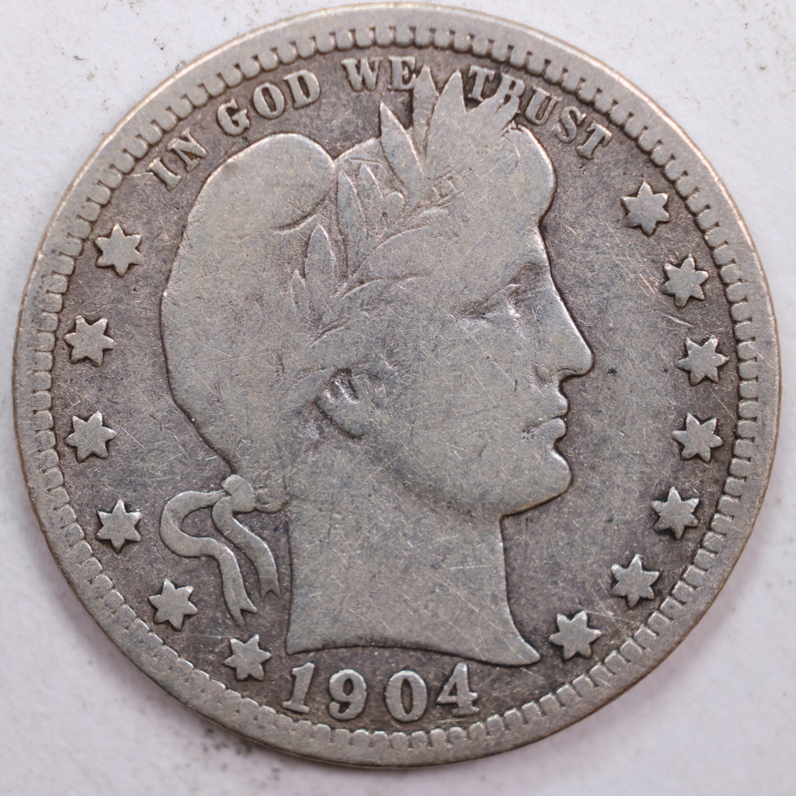 1904-O Barber Silver Quarter, Very Good Circulated Coin, Store #QR0458