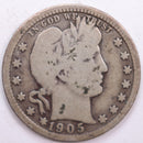 1905 Barber Silver Quarter, Very Good Circulated Coin, Store