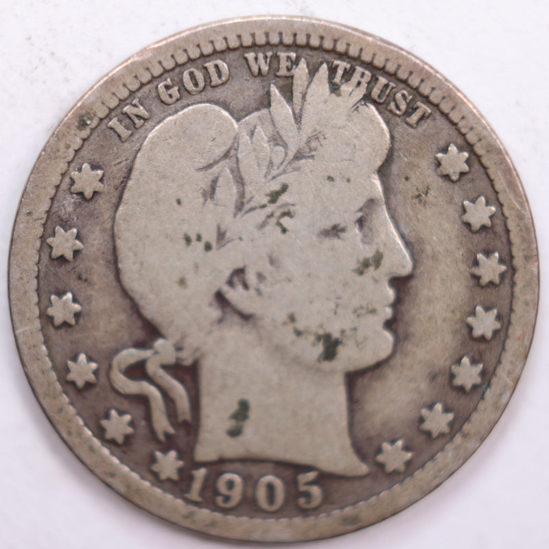 1905 Barber Silver Quarter, Very Good Circulated Coin, Store