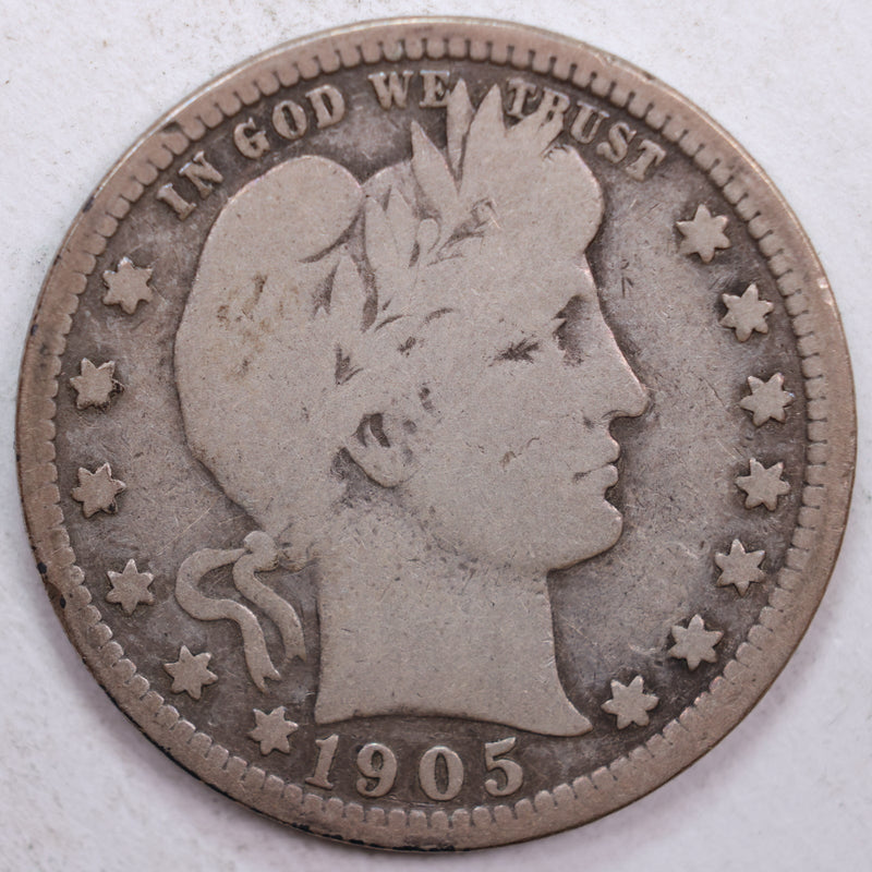 1905 Barber Silver Quarter, Very Good Circulated Coin, Store