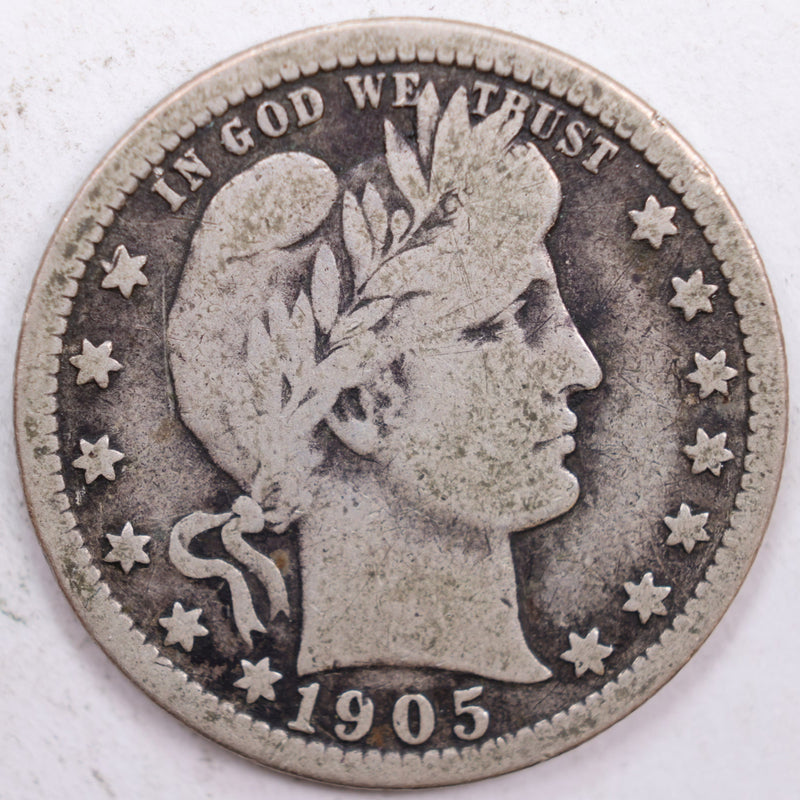 1905 Barber Silver Quarter, Very Good Circulated Coin, Store