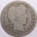 1905-S Barber Silver Quarter, About Good Circulated Coin, Store
