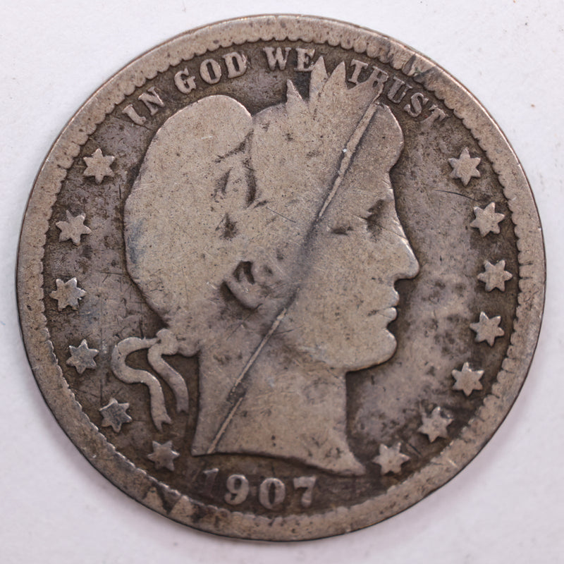 1907 Barber Silver Quarter, Very Good Circulated Coin, Store