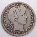 1907 Barber Silver Quarter, Very Good Circulated Coin, Store