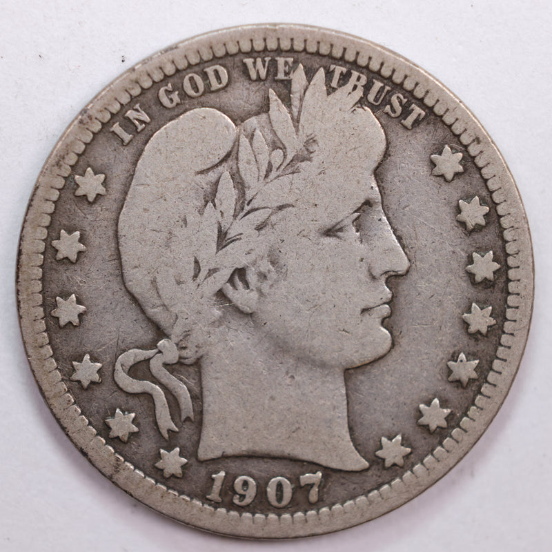 1907 Barber Silver Quarter, Very Good Circulated Coin, Store