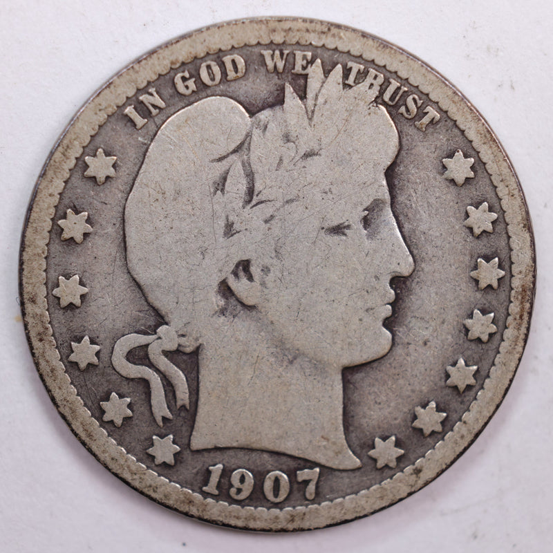 1907 Barber Silver Quarter, Very Good Circulated Coin, Store
