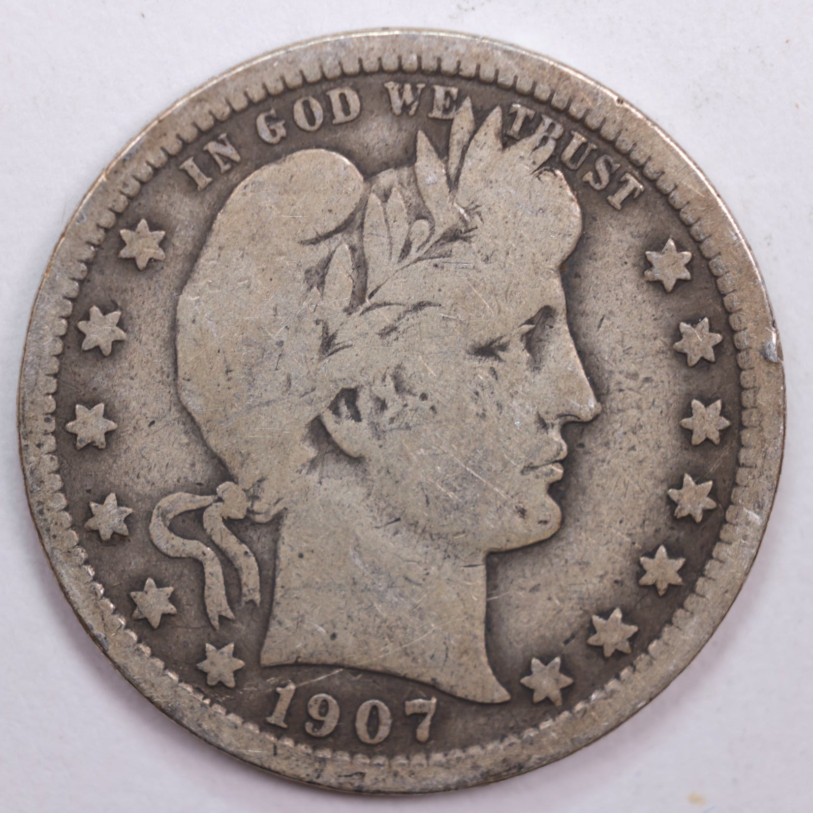 1907 Barber Quarter, Very Good Circulated Coin, Store #QR0486