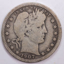 1907 Barber Silver Quarter, Very Good Circulated Coin, Store