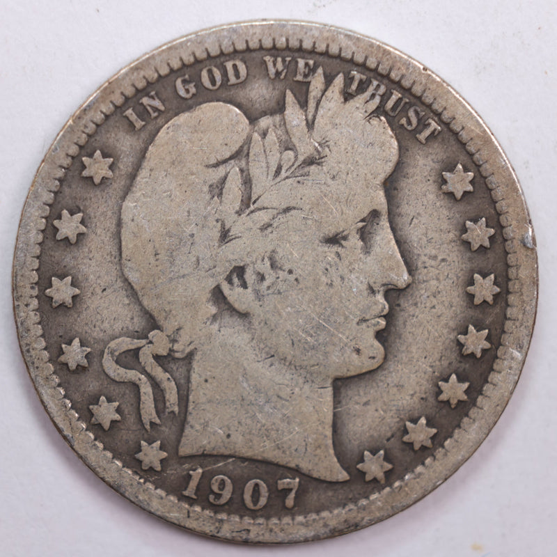 1907 Barber Silver Quarter, Very Good Circulated Coin, Store